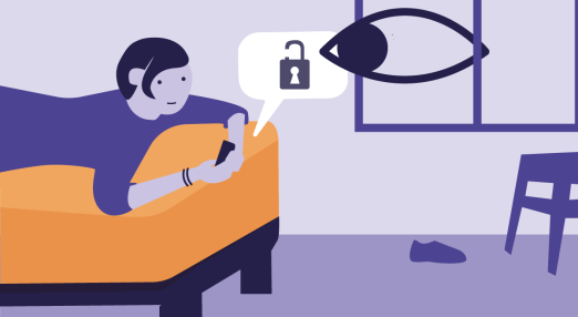 Illustration with a girl on a bed with her electronic device. From the window of the room an eye controls her.
