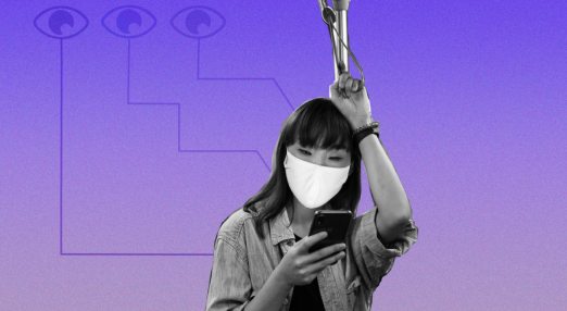 Illustration of three eyes looking at a black and white girl in the center.