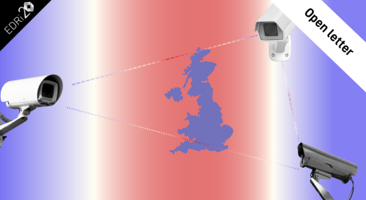 Illustration with blue and red background, center UK, three cameras around. Open letter.