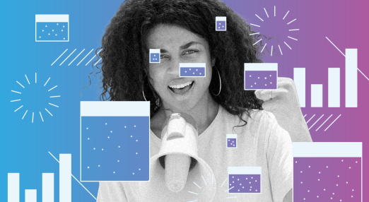 A black and white photo of a woman with curly hair speaking through a megaphone, overlaid with colourful abstract graphics such as bar charts, dotted boxes and dynamic lines, on a blue to purple gradient background. The design conveys themes of data, communication and activism.